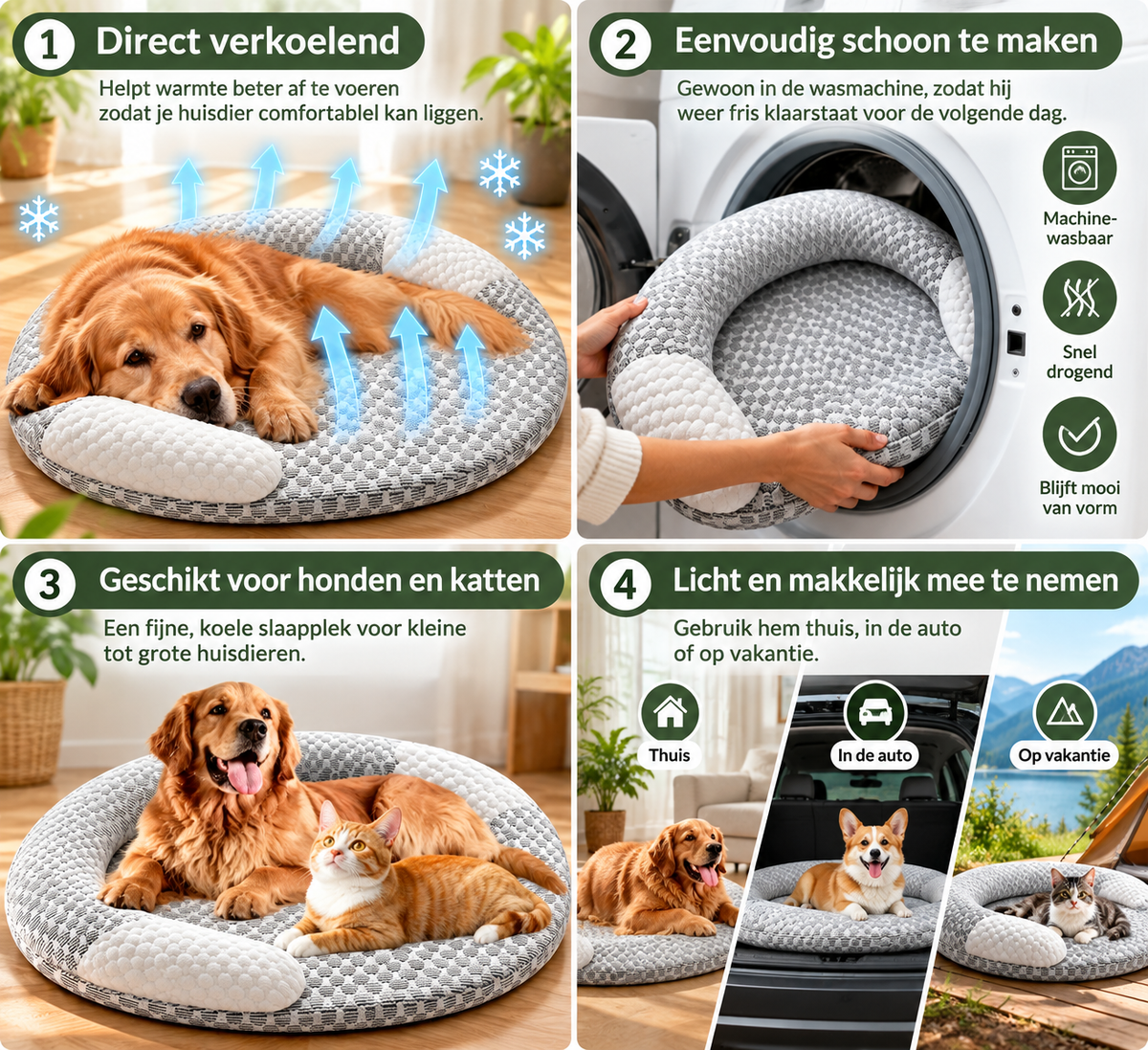 Overzicht van het Pootly Breezy koelbed met verkoelend ligcomfort, wasinstructies en gebruik thuis, in de auto en op vakantie