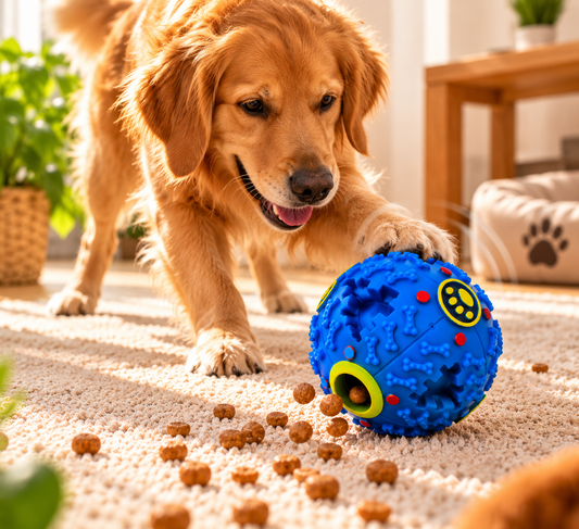 Golden retriever duwt met zijn poot tegen de blauwe Snacky snackbal terwijl hondenbrokjes op het tapijt liggen.