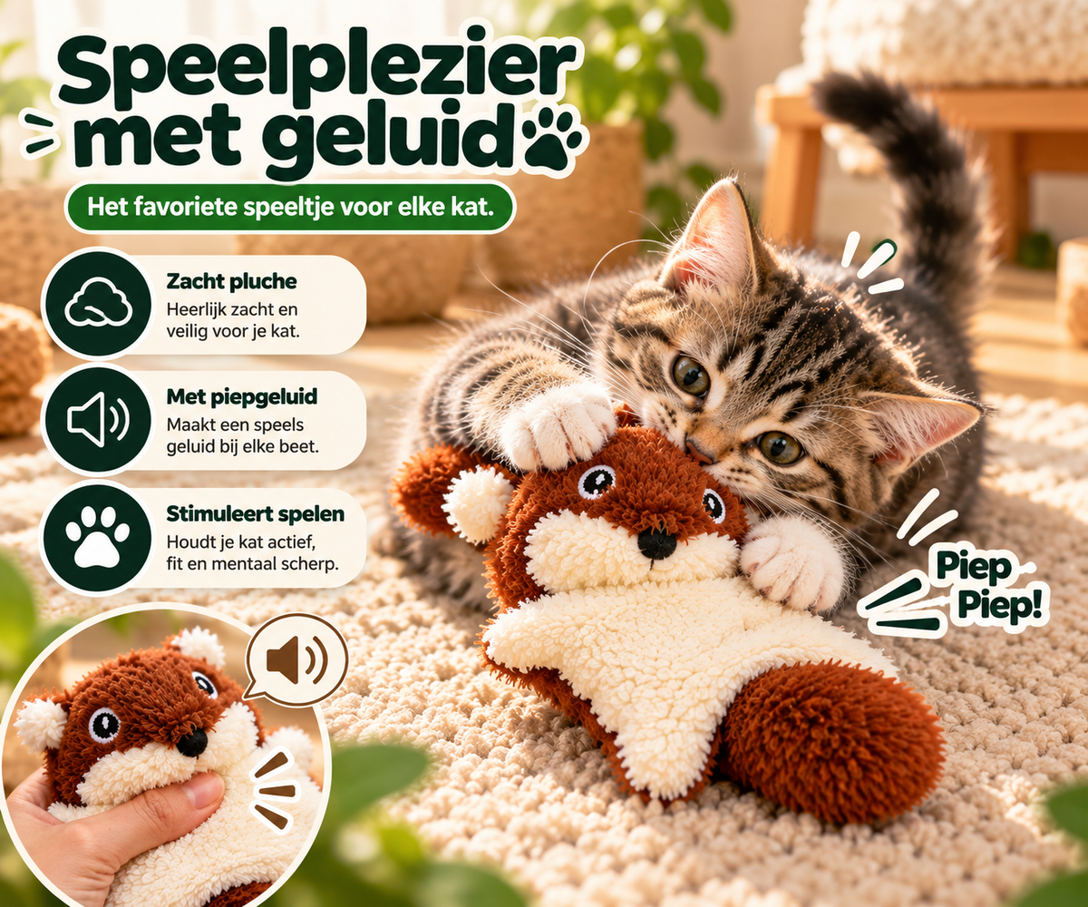 Kat speelt met Piepje pluche kattenspeeltje met piepgeluid, gemaakt van zachte stof voor interactief speelplezier