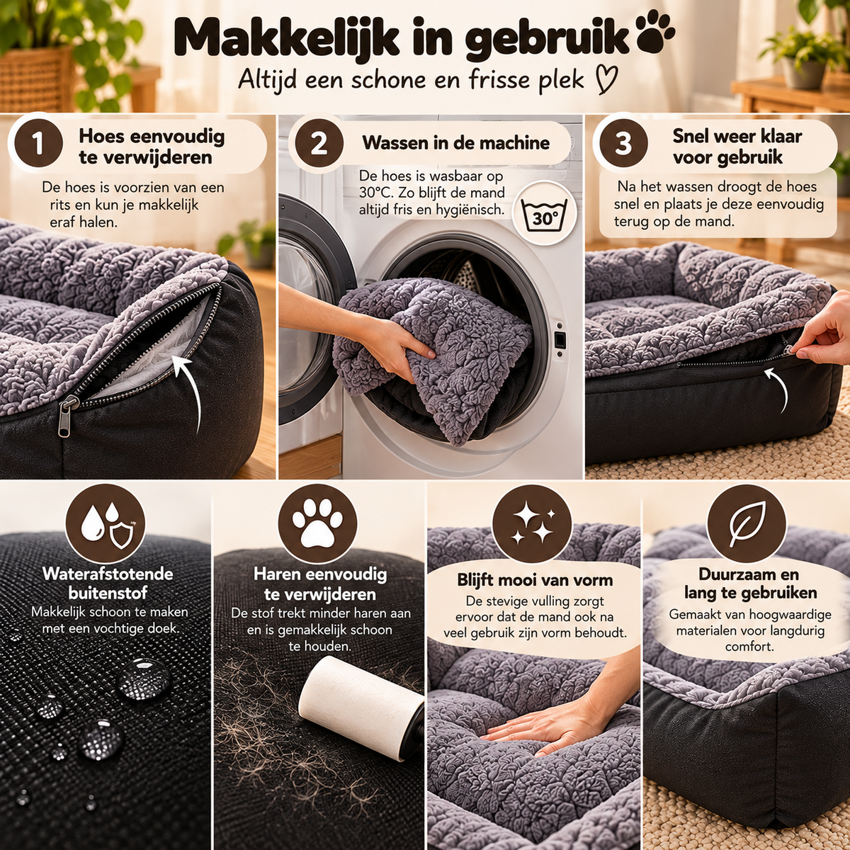 Snuggy hondenmand met afneembare hoes, wasbare fleece binnenkant, waterafstotende buitenstof en comfortabele vulling