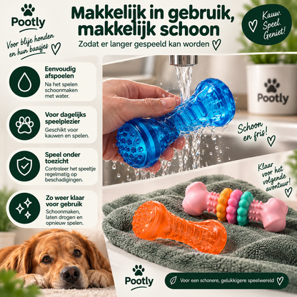 Blauw Pootly kauwspeelgoed wordt eenvoudig met water schoongemaakt