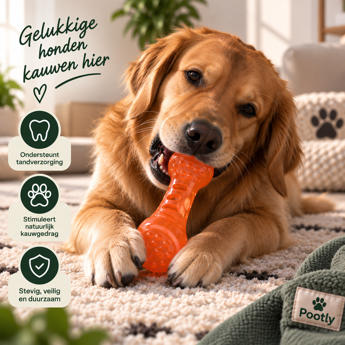 Golden retriever kauwt op een oranje Pootly kauwstick voor honden