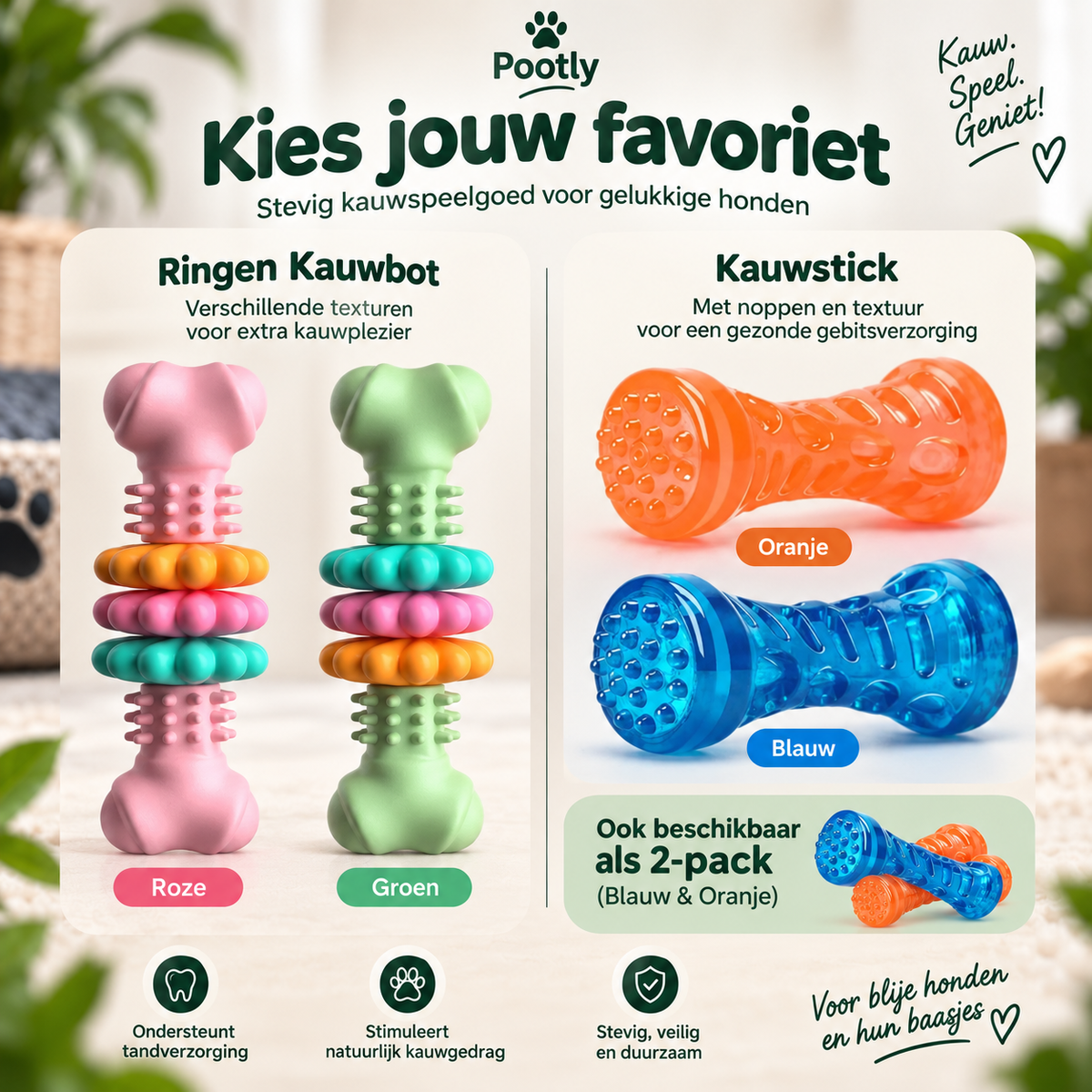 Verschillende Pootly kauwspeeltjes voor honden in roze, groen, blauw en oranje