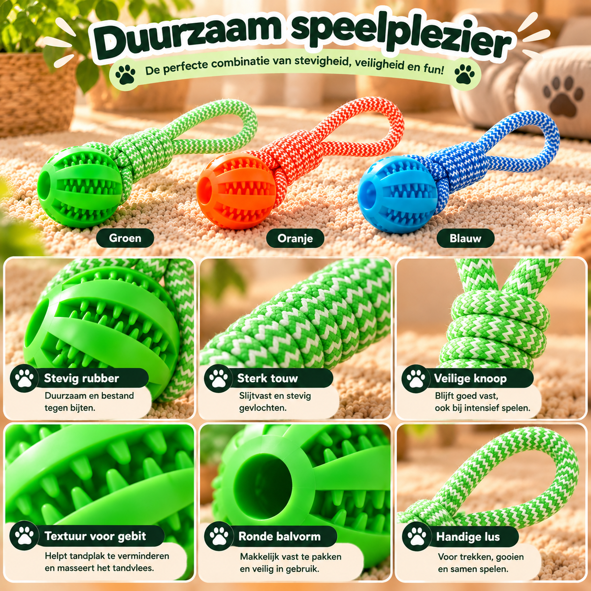 Bitey duurzaam hondenspeelgoed met rubberen bal en sterk gevlochten touw, verkrijgbaar in groen, oranje en blauw