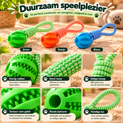 Bitey duurzaam hondenspeelgoed met rubberen bal en sterk gevlochten touw, verkrijgbaar in groen, oranje en blauw