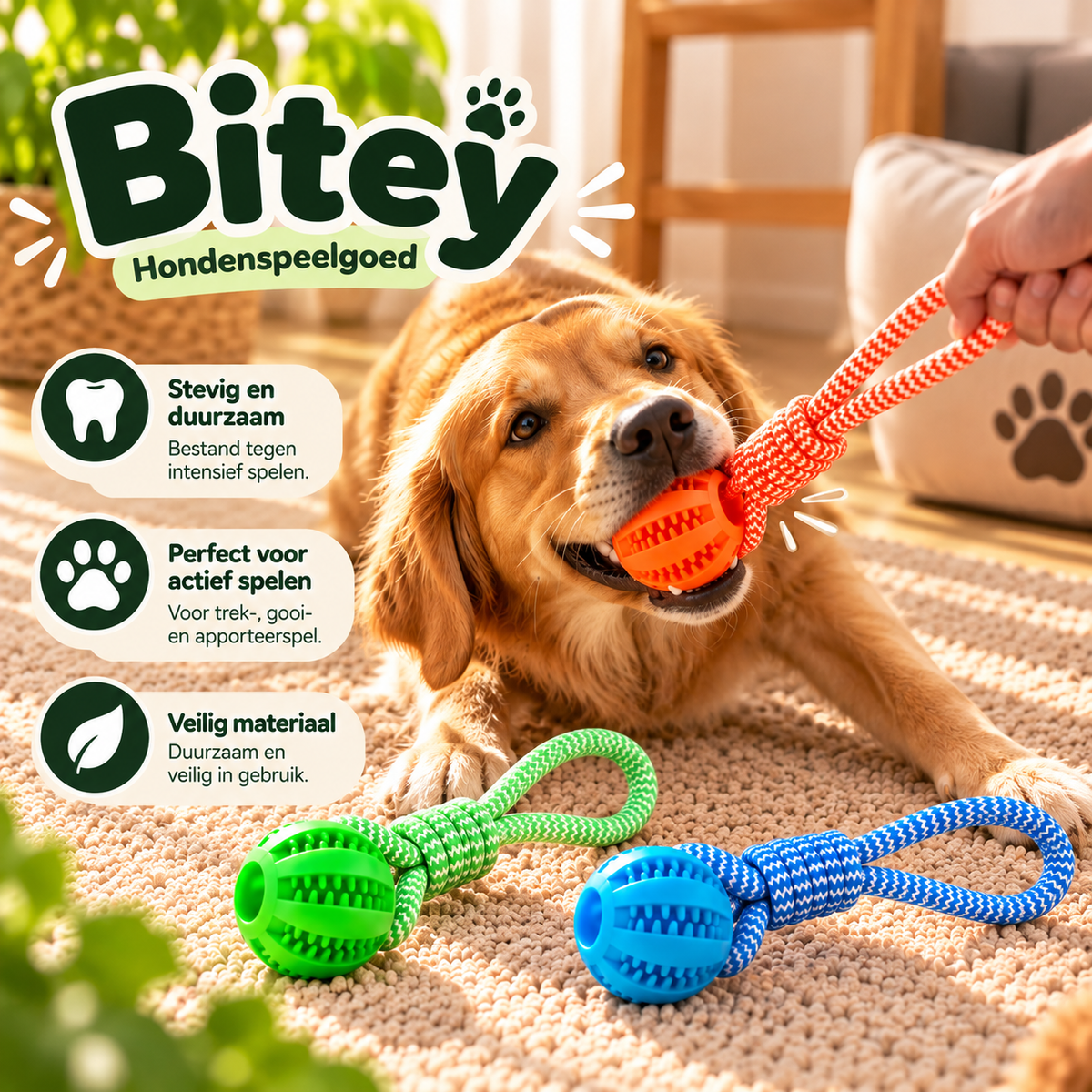 Golden retriever speelt een trekspel met Bitey hondenspeelgoed, een stevige rubberen bal met gevlochten touw voor interactief spelen