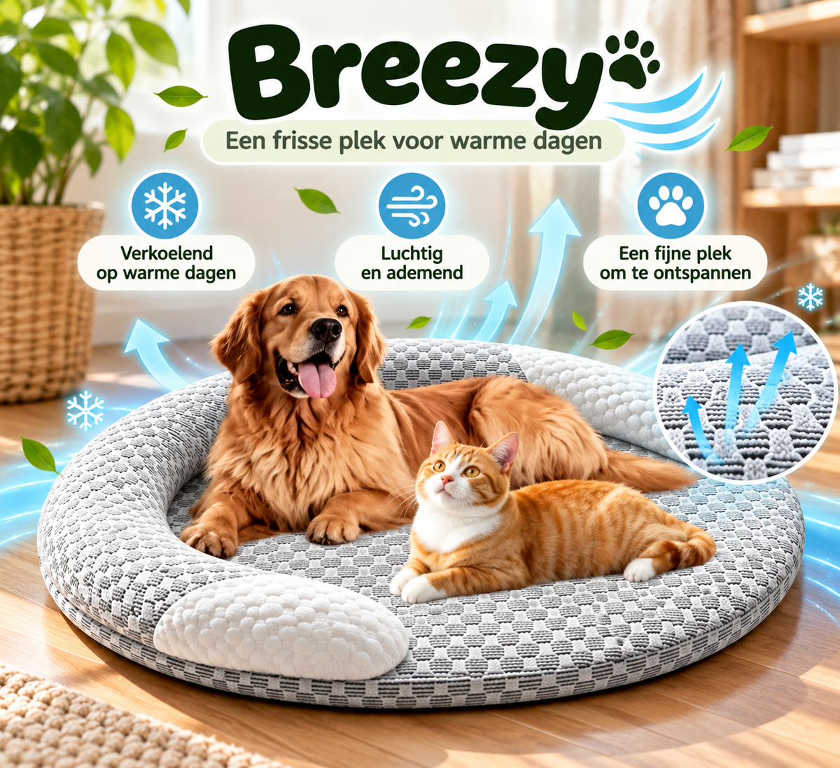 Hond en kat ontspannen samen op het Pootly Breezy koelbed met ademende stof voor warme dagen