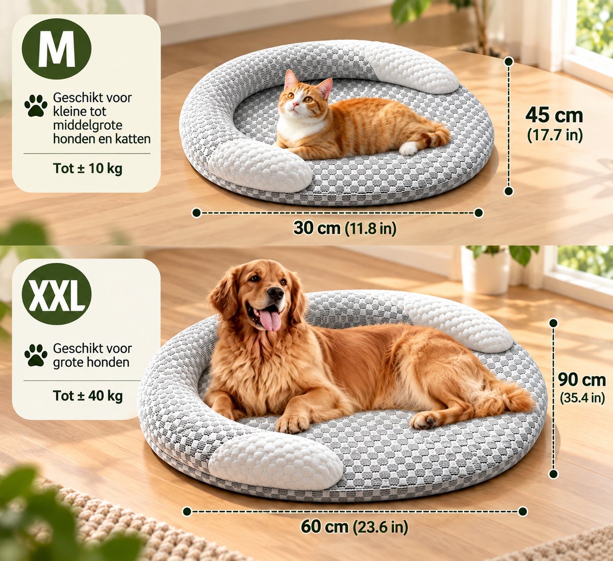 Maatoverzicht van het Pootly Breezy koelbed in maat M en XXL met voorbeelden voor katten en honden