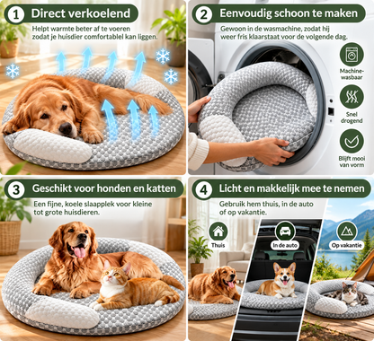 Overzicht van het Pootly Breezy koelbed met verkoelend ligcomfort, wasinstructies en gebruik thuis, in de auto en op vakantie