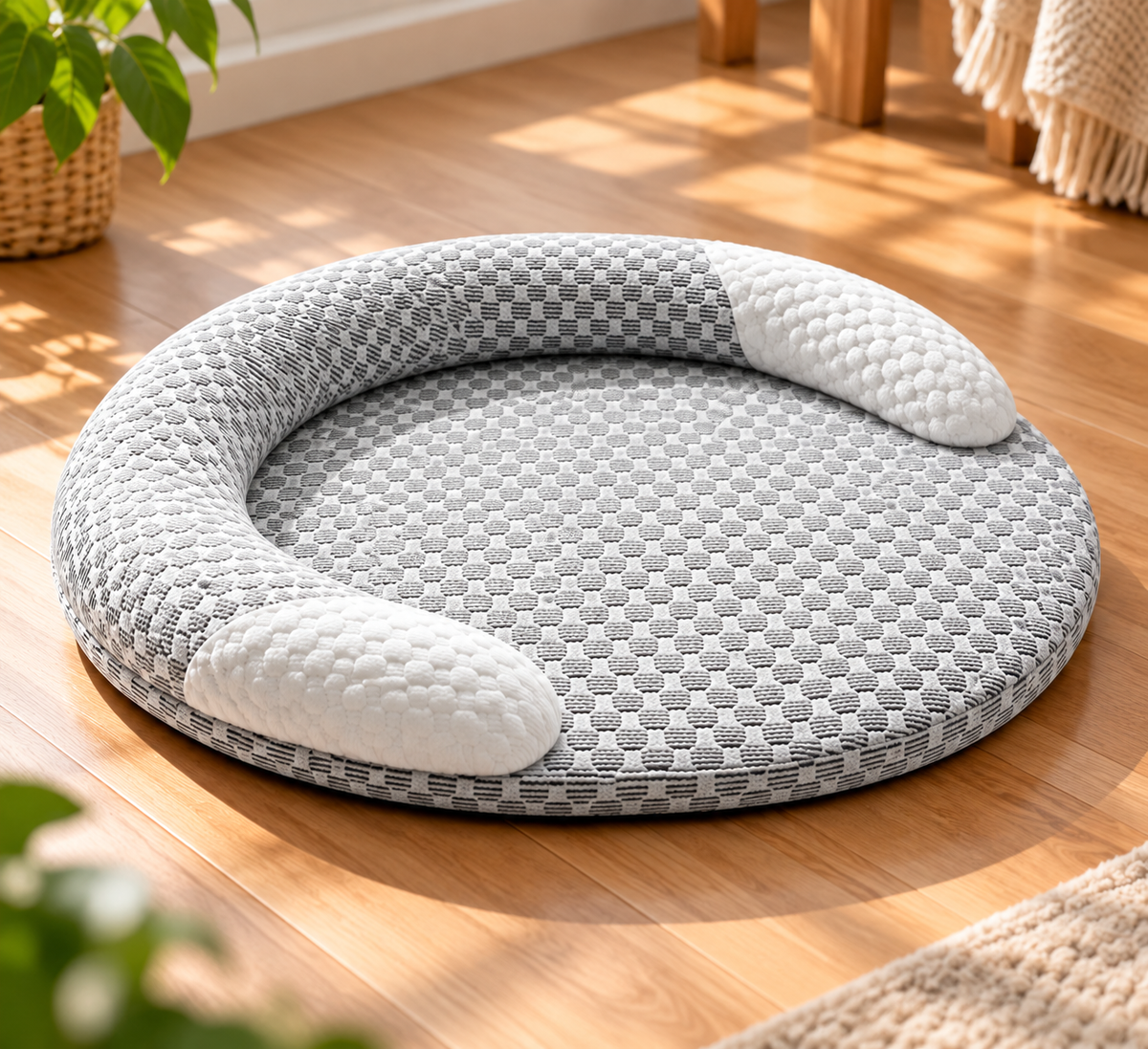 Pootly Breezy verkoelend hondenbed en kattenbed in grijs en wit met zachte verhoogde rand