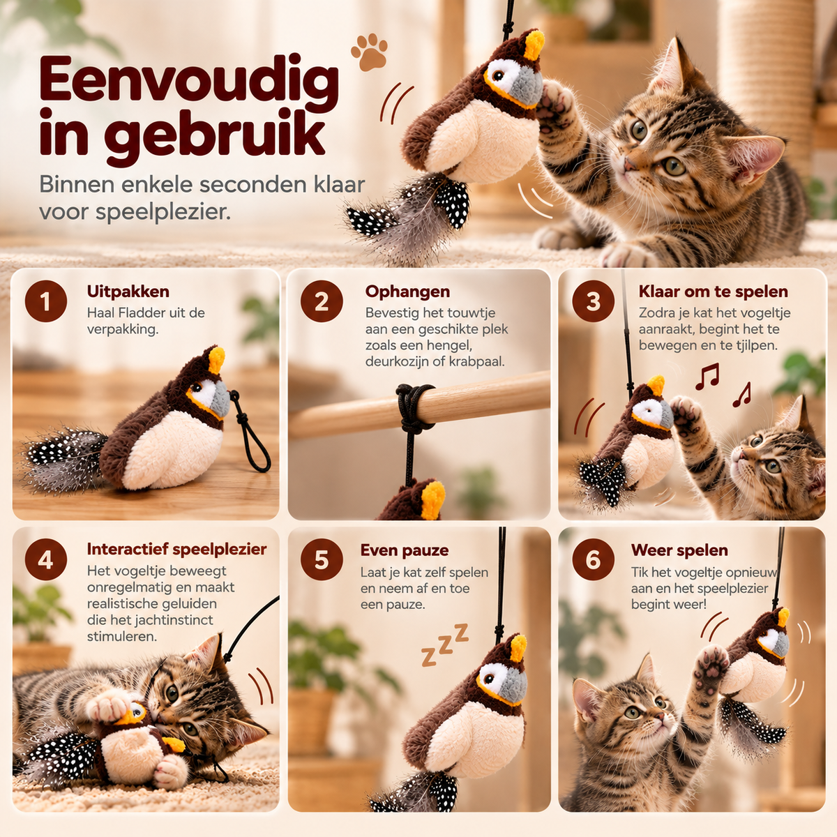 Stapsgewijze uitleg voor het ophangen en gebruiken van Fladder interactief kattenspeelgoed met vogel en veren