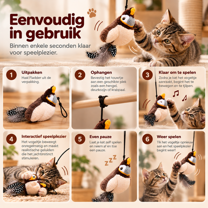 Stapsgewijze uitleg voor het ophangen en gebruiken van Fladder interactief kattenspeelgoed met vogel en veren
