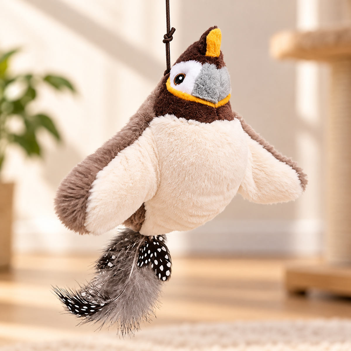Fladder kattenspeelgoed van Pootly – zachte pluche vogel met veren en ophangkoord voor katten