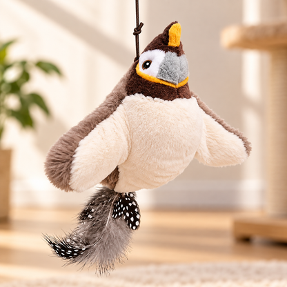 Fladder kattenspeelgoed van Pootly – zachte pluche vogel met veren en ophangkoord voor katten