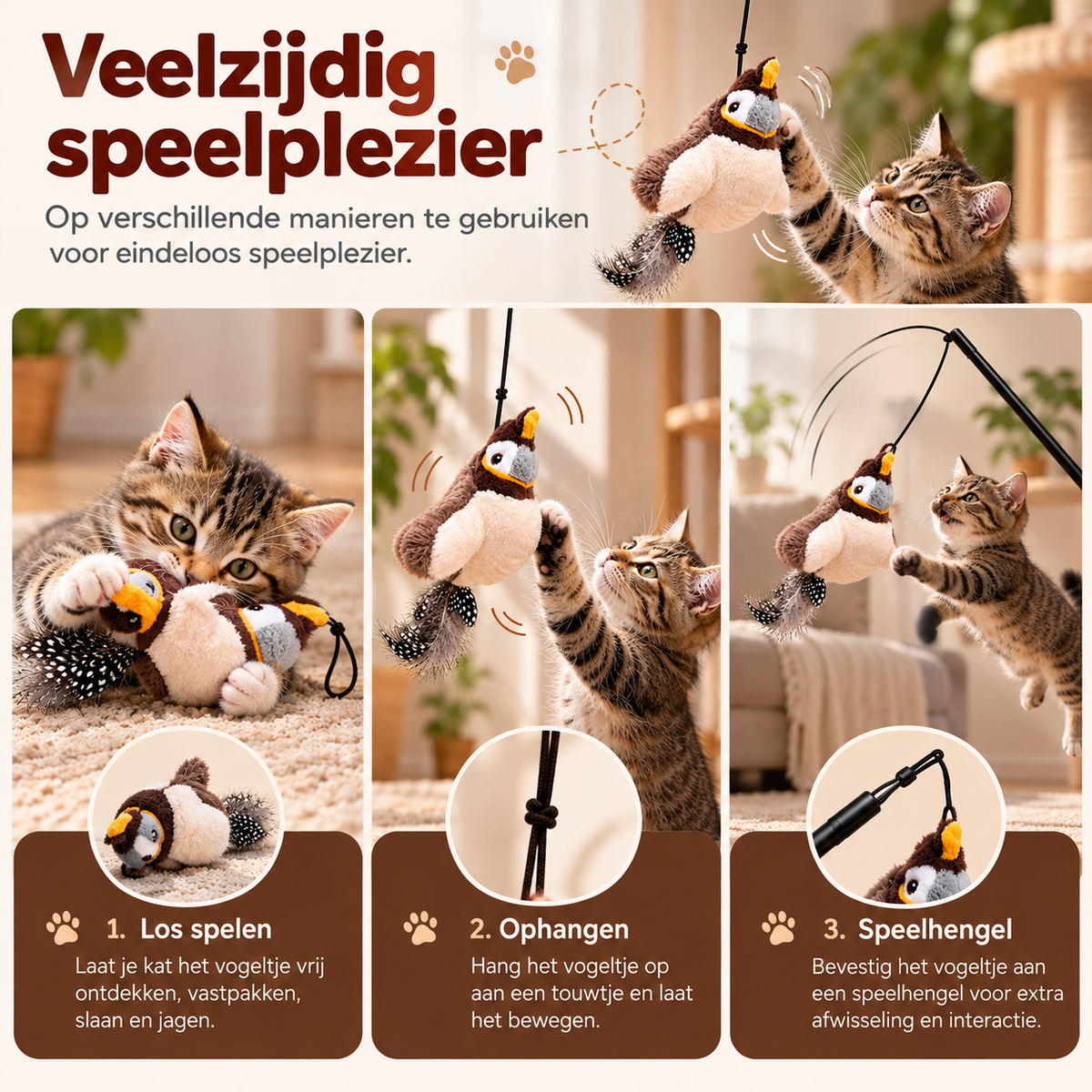 Fladder interactief kattenspeelgoed met vogel en veren voor los spelen, ophangen of gebruik aan een kattenhengel