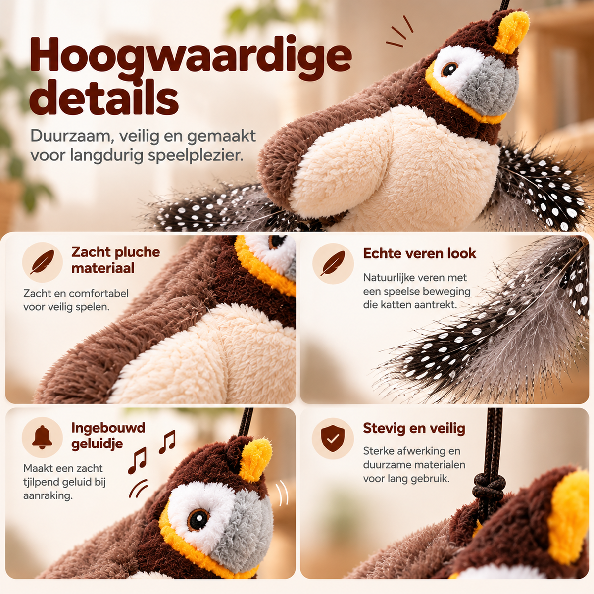 Detailfoto van Fladder vogel kattenspeelgoed met zacht pluche, veren, ophangkoord en ingebouwd vogelgeluid