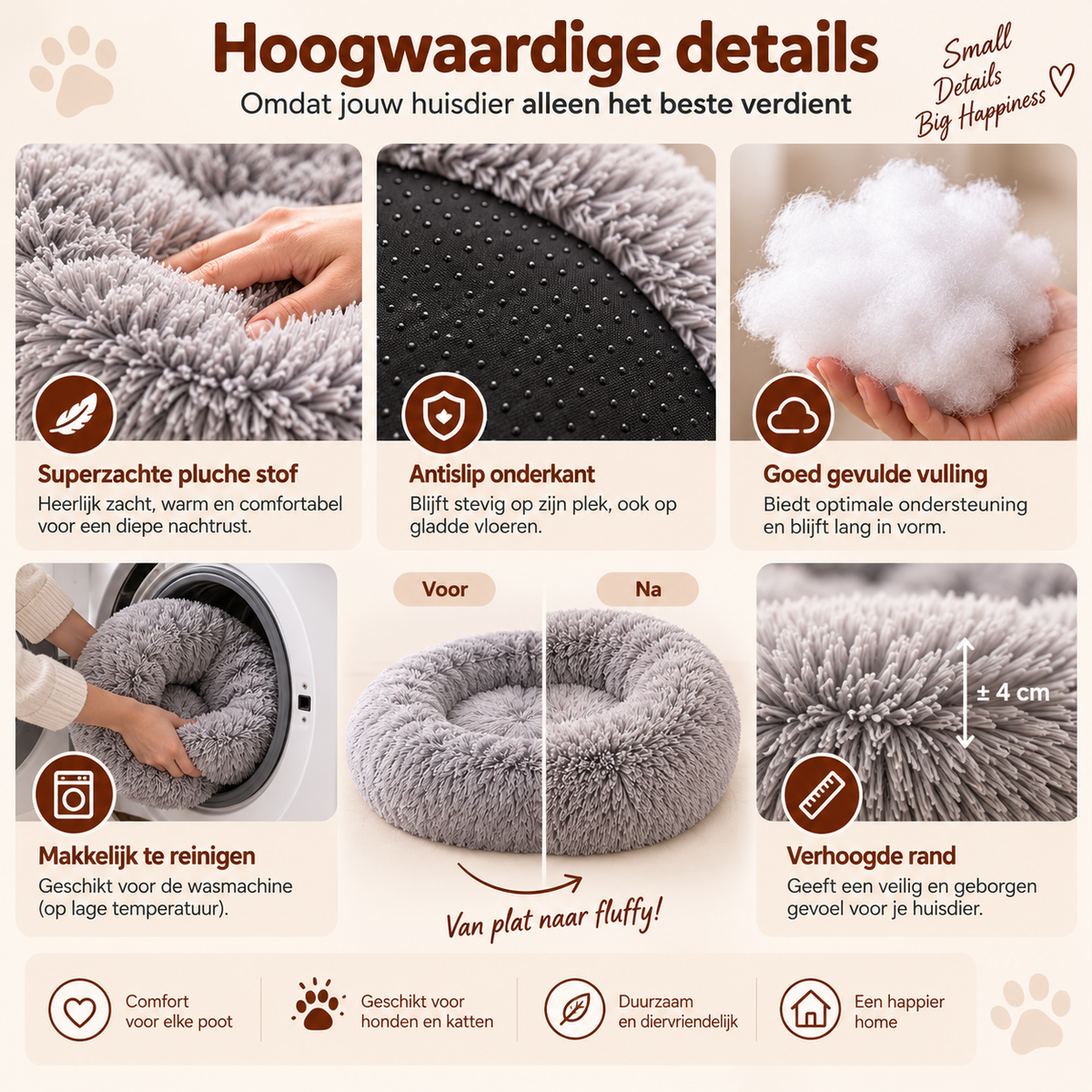Details van zachte stof, antislip onderkant en vulling van Fluffy Donutmand