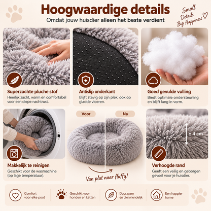 Details van zachte stof, antislip onderkant en vulling van Fluffy Donutmand