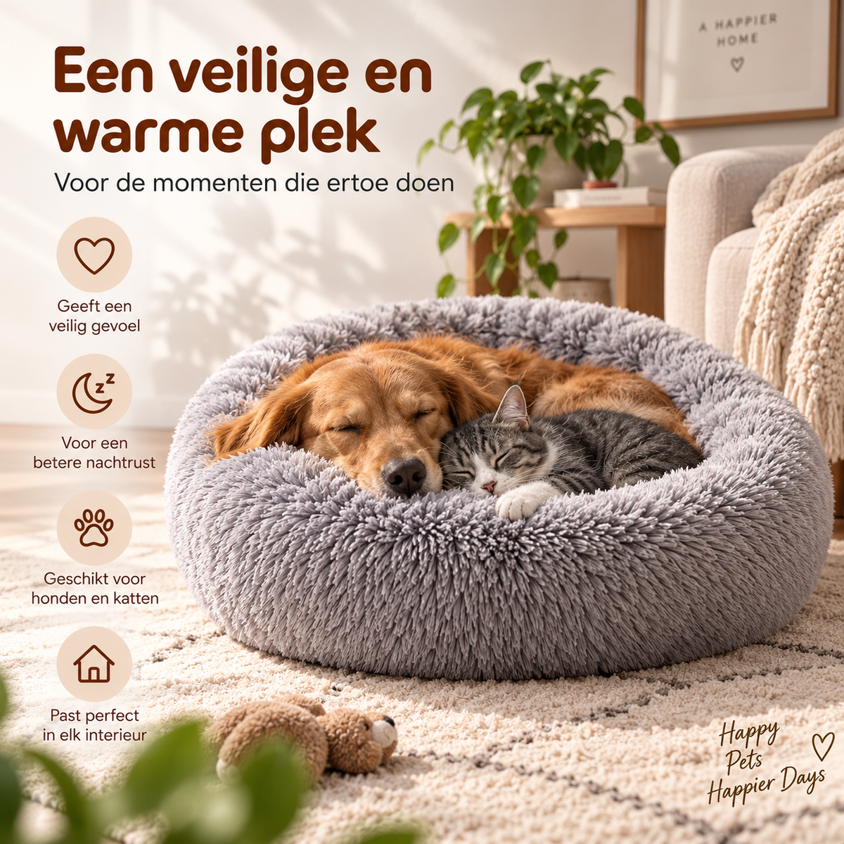 Hond en kat samen in zachte Fluffy Donutmand