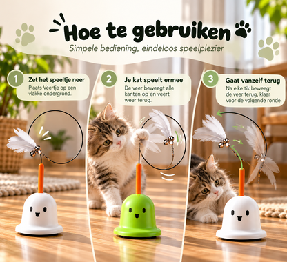 Stapsgewijze uitleg van Pootly Veertje kattenspeelgoed waarbij een kat tegen de veren tikt en de flexibele draad terugveert