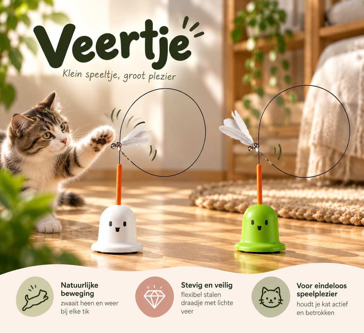 Kat speelt met Pootly Veertje kattenspeelgoed met bewegende veren en flexibele draad voor actief speelplezier