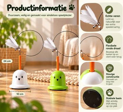 Productdetails van Pootly Veertje kattenspeelgoed met echte veren, flexibele draad, antislipvoet en afmetingen van 24 bij 10 cm