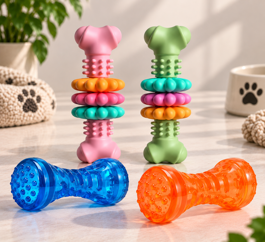 Pootly kauwspeelgoed voor honden met noppen en ringen in roze, groen, blauw en oranje