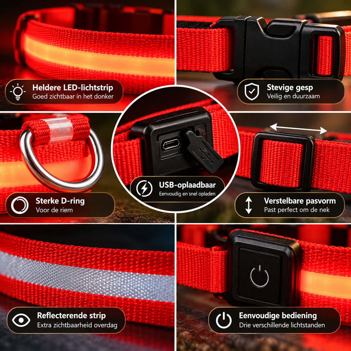 Detailfoto's van de Lumi LED hondenhalsband met lichtstrip, stevige gesp, D-ring, USB-oplaadpoort en verstelbare band