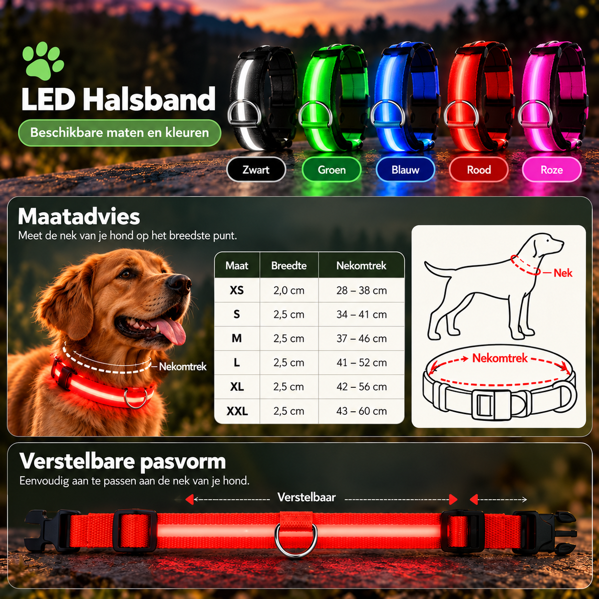 Pootly Lumi LED hondenhalsband in vijf kleuren met maattabel, verstelbare pasvorm en uitleg voor het meten van de nekomtrek