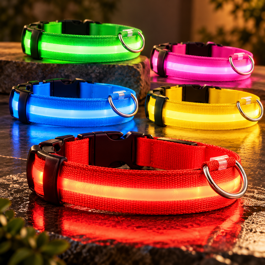 Vijf lichtgevende LED hondenhalsbanden in groen, roze, blauw, geel en rood met verstelbare sluiting en metalen D-ring