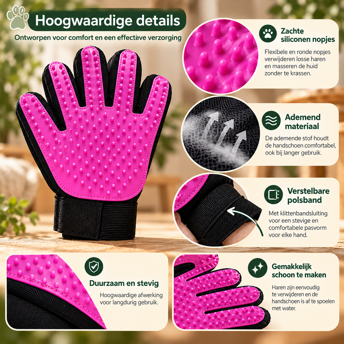 Detailfoto van roze ontharingshandschoen voor honden en katten met siliconen noppen, ademend materiaal en verstelbare polsband