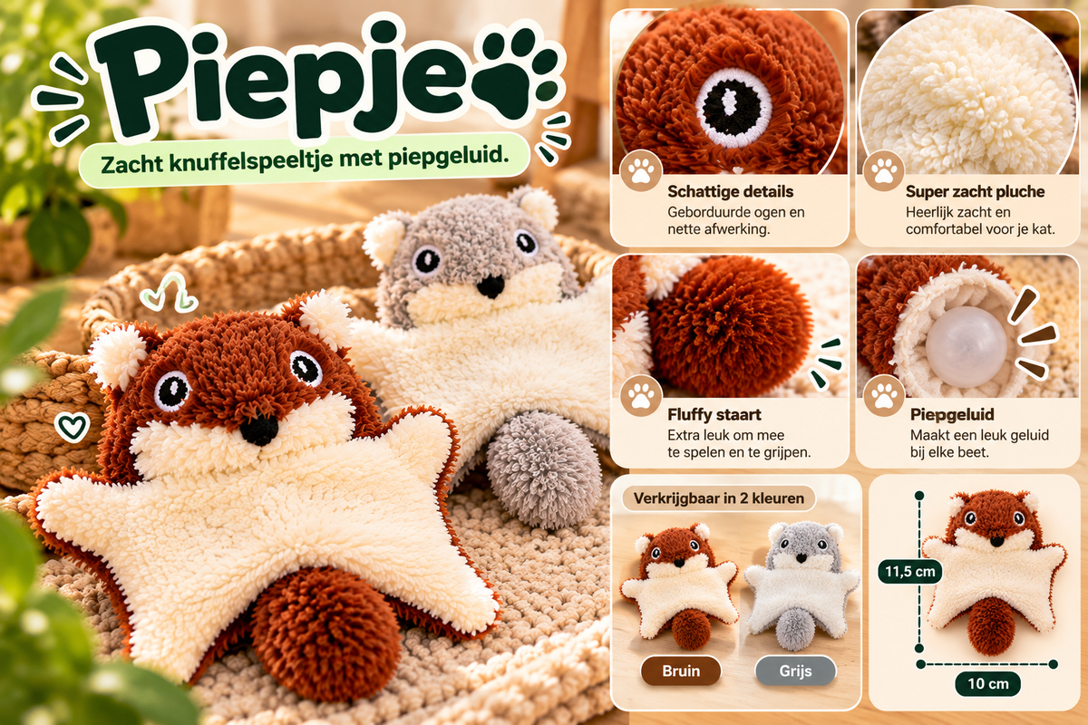 Piepje zacht pluche kattenspeeltje met geborduurde ogen, pluizige staart en piepgeluid, verkrijgbaar in bruin en grijs