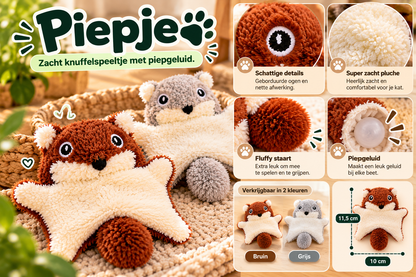 Piepje zacht pluche kattenspeeltje met geborduurde ogen, pluizige staart en piepgeluid, verkrijgbaar in bruin en grijs