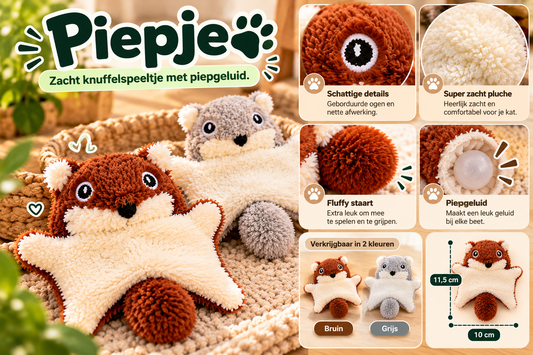 Piepje zacht pluche kattenspeeltje met geborduurde ogen, pluizige staart en piepgeluid, verkrijgbaar in bruin en grijs