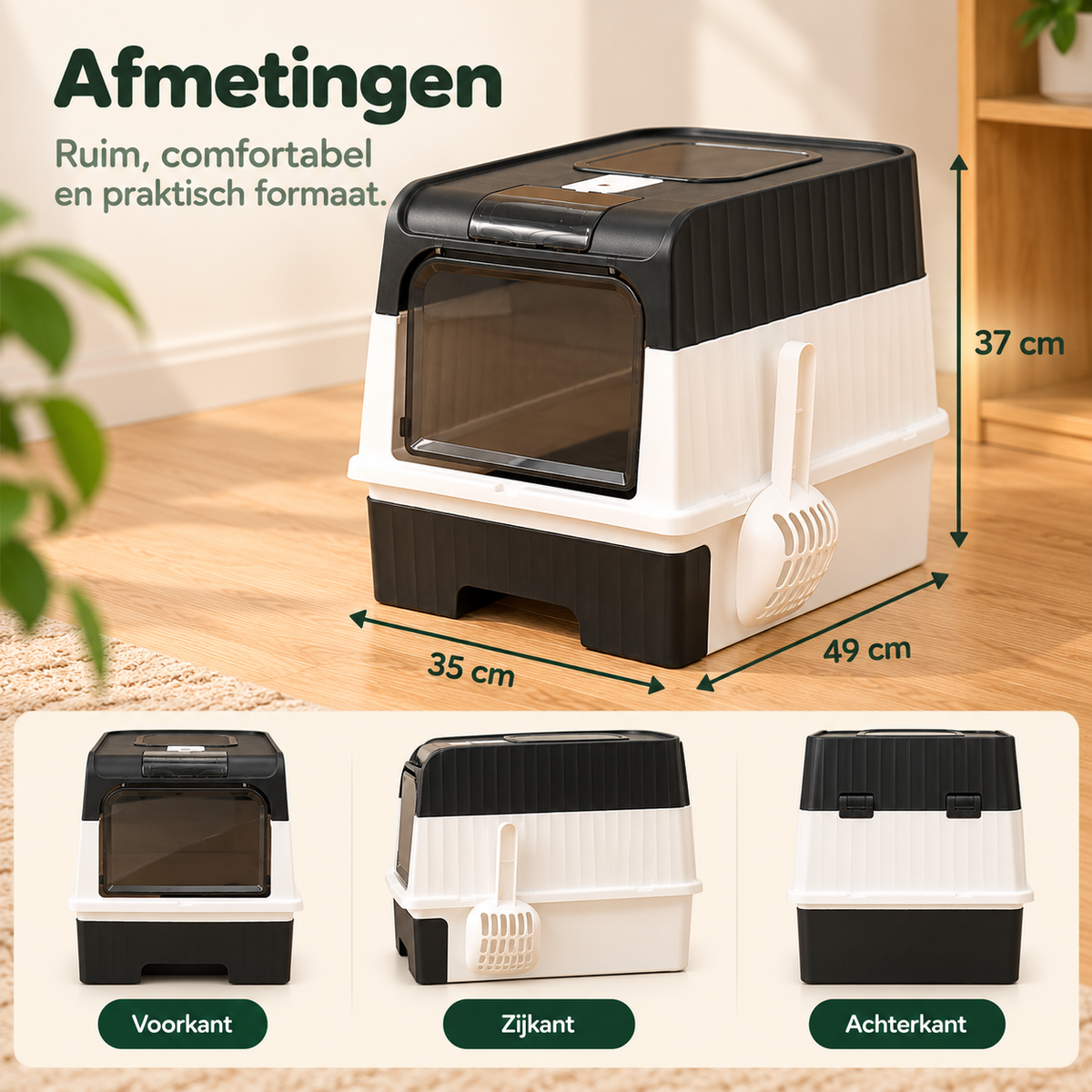 PurrBox kattenbak met afmetingen van 35 cm breed, 49 cm diep en 37 cm hoog, inclusief voor-, zij- en achteraanzicht