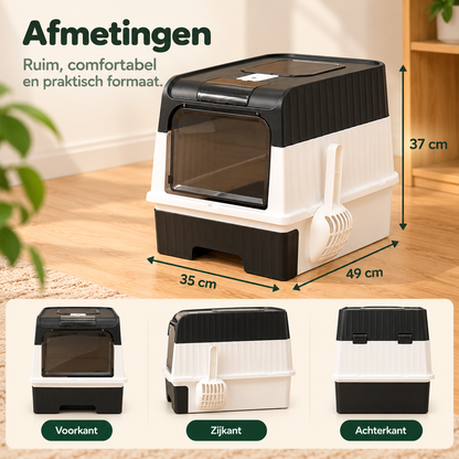 PurrBox kattenbak met afmetingen van 35 cm breed, 49 cm diep en 37 cm hoog, inclusief voor-, zij- en achteraanzicht