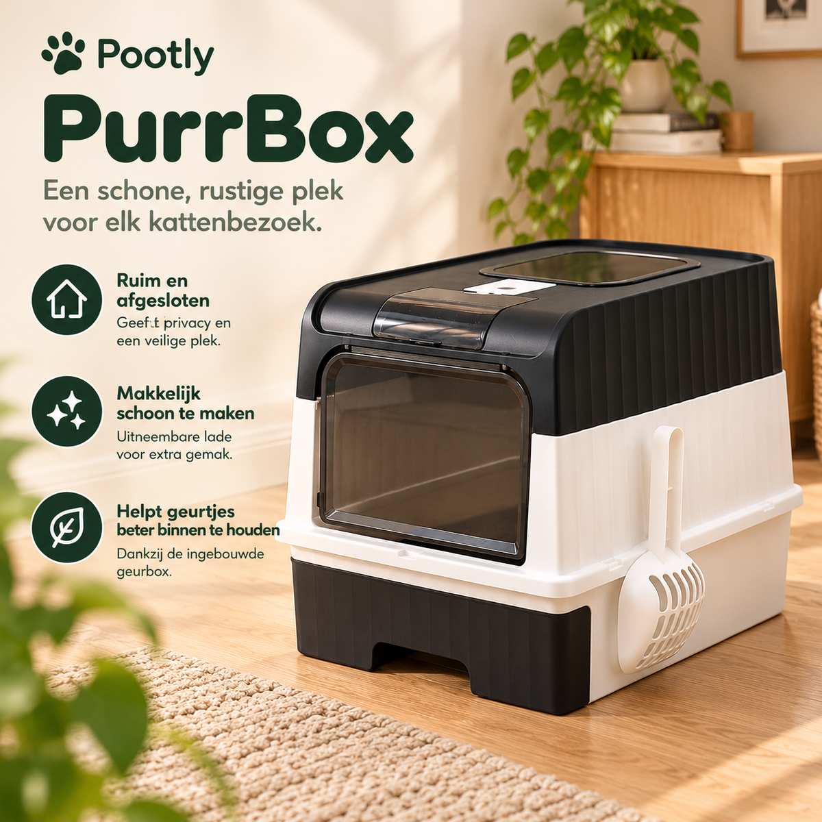 PurrBox moderne gesloten kattenbak met transparant deurtje, ingebouwde geurbox, uitneembare lade en handig schepje