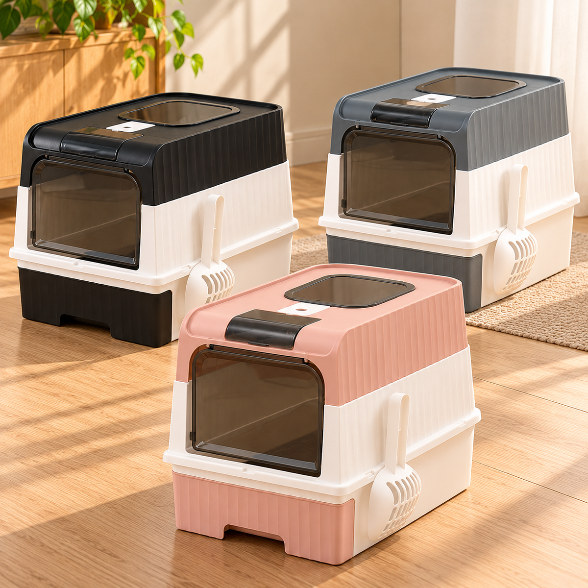 PurrBox kattenbak verkrijgbaar in zwart, grijs en roze met transparant deurtje, afneembare bovenkant en uitneembare lade