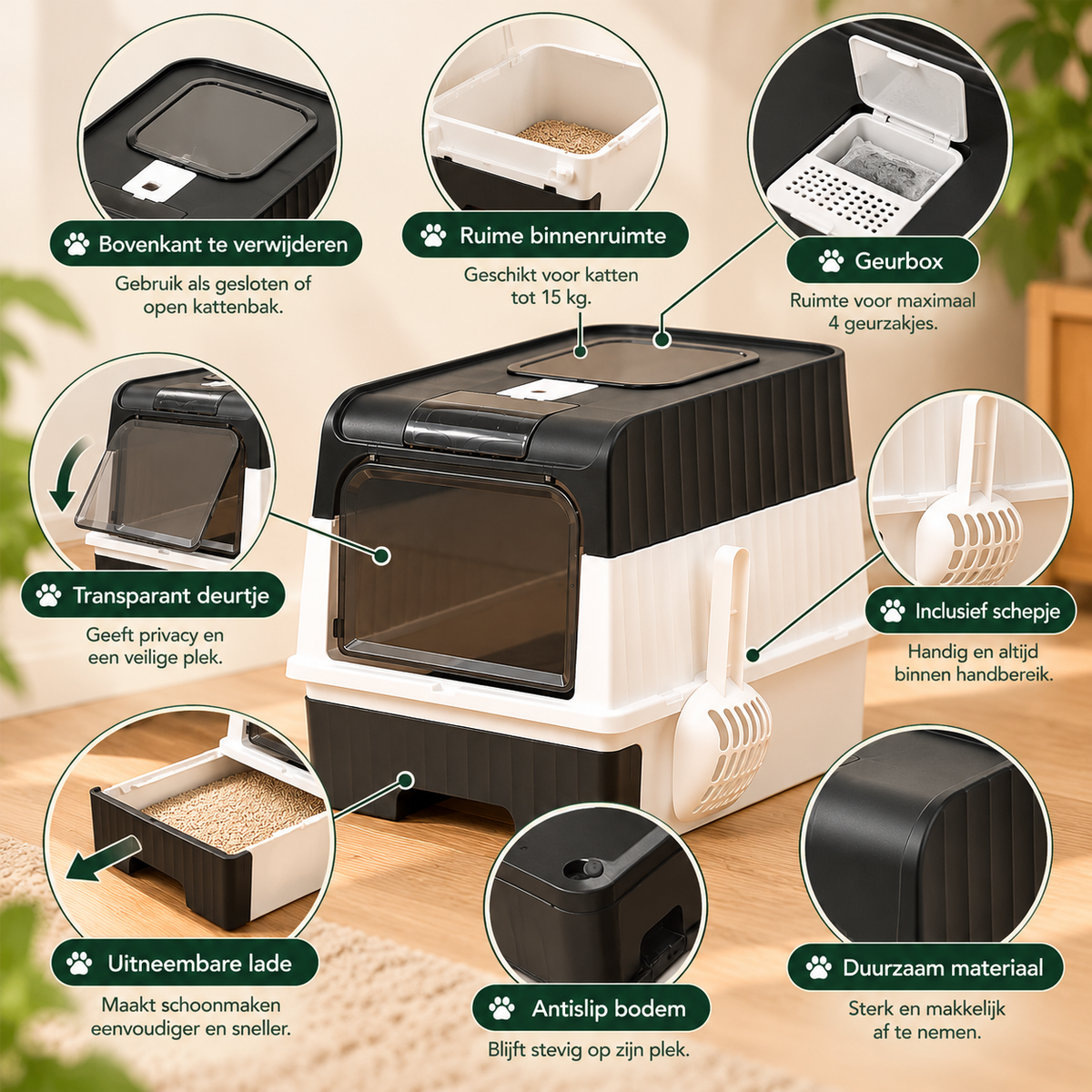PurrBox gesloten kattenbak met uitneembare lade, geurbox, transparant deurtje, schepje en afneembare bovenkant