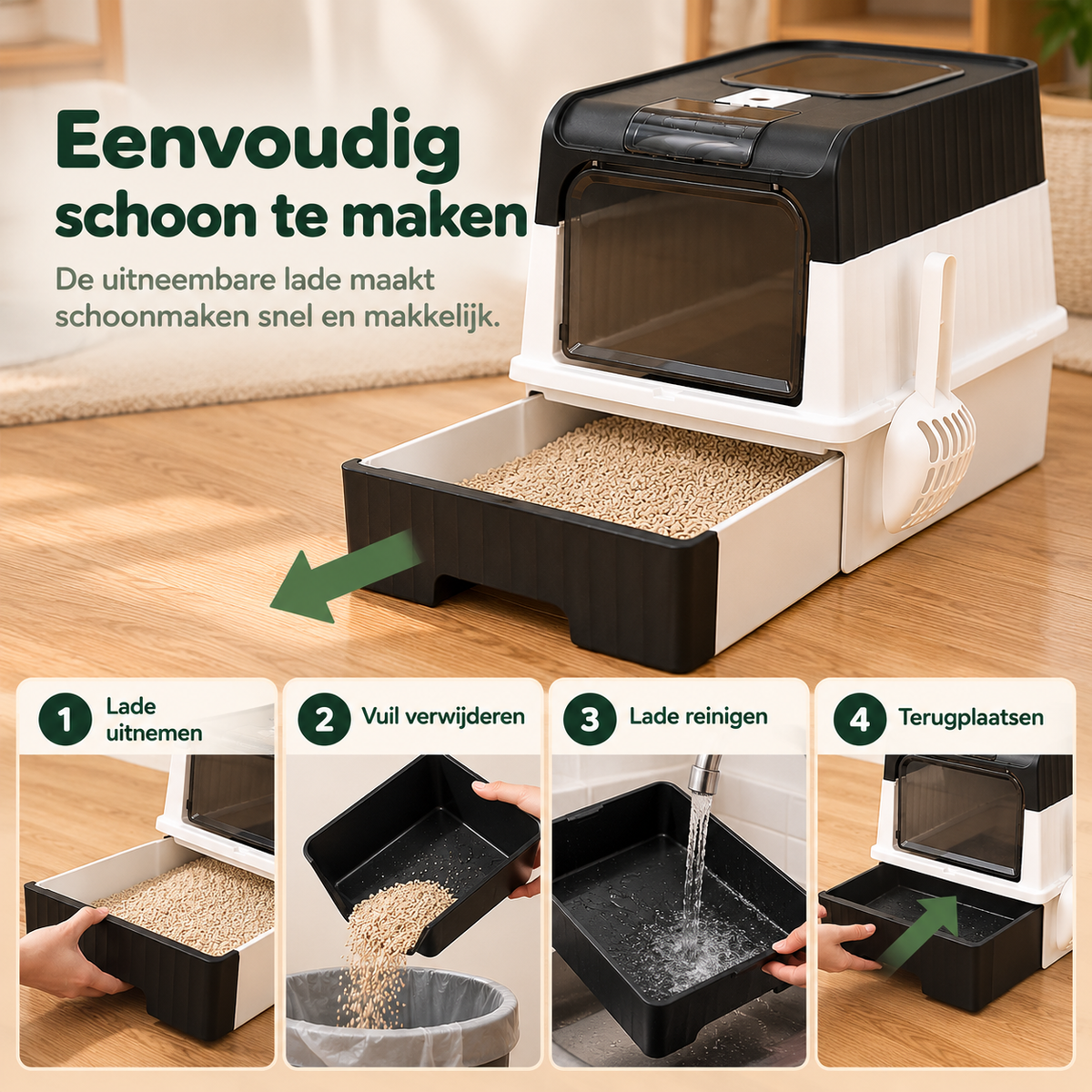 PurrBox kattenbak met uitneembare lade voor eenvoudig schoonmaken, kattenbakvulling verwijderen en lade reinigen