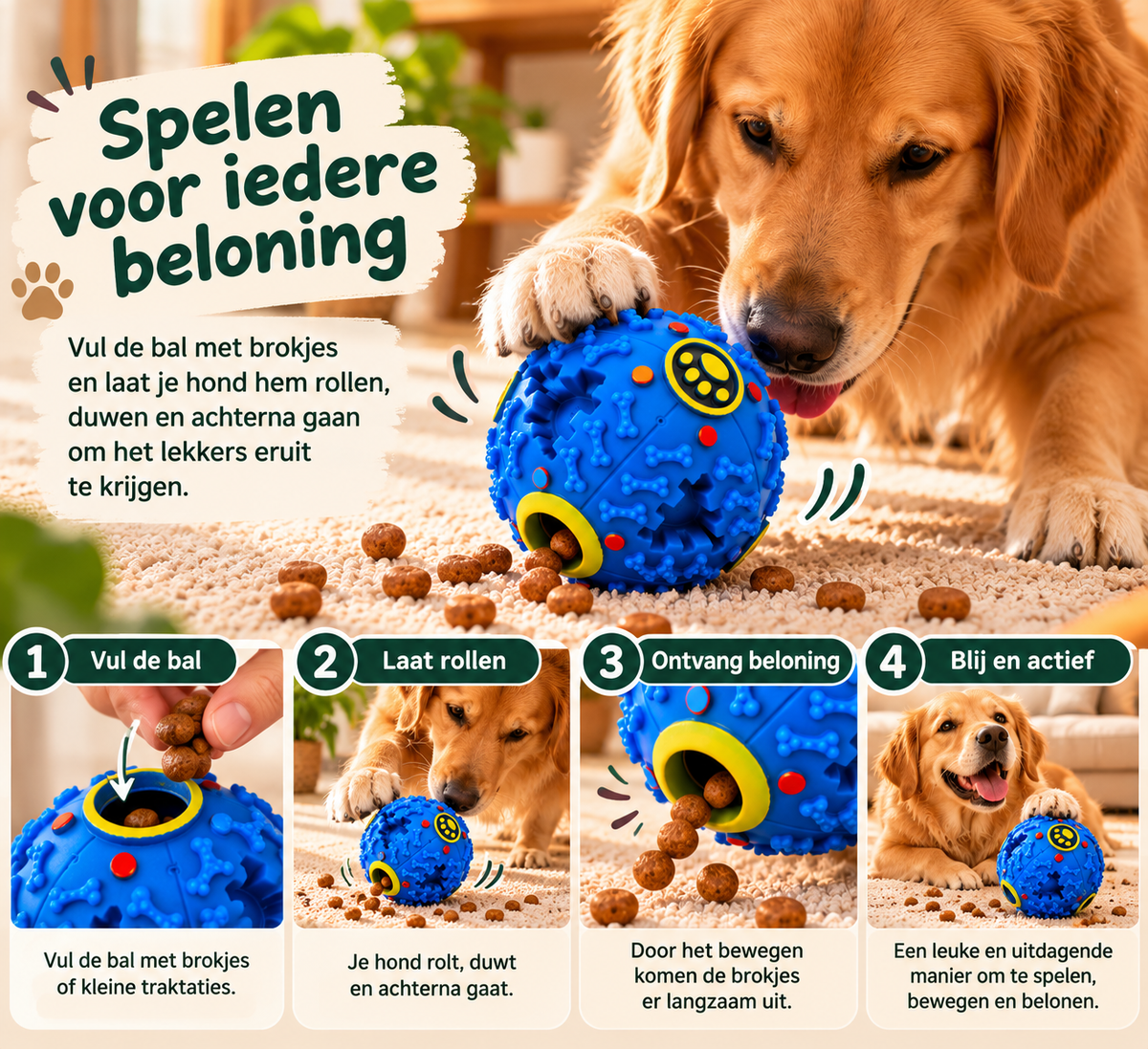 Golden retriever speelt met Snacky hondenspeelgoed terwijl brokjes uit de interactieve snackbal rollen.