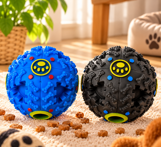 Blauwe en zwarte Snacky snackballen voor honden met reliëf, pootafdrukken en openingen voor hondenbrokjes.