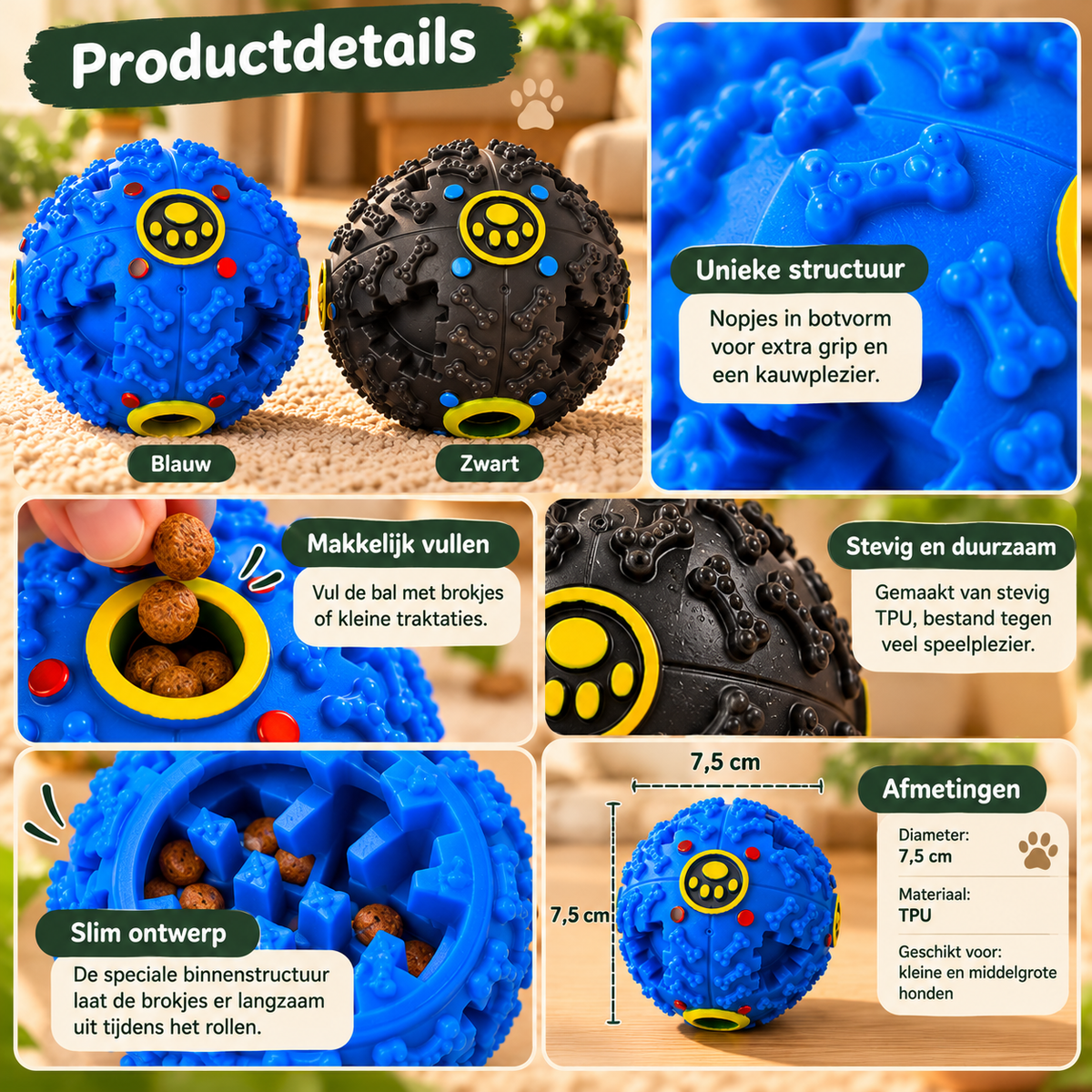 Snacky hondenspeelbal in blauw en zwart met details van de structuur, vulopening en afmetingen van 7,5 cm.