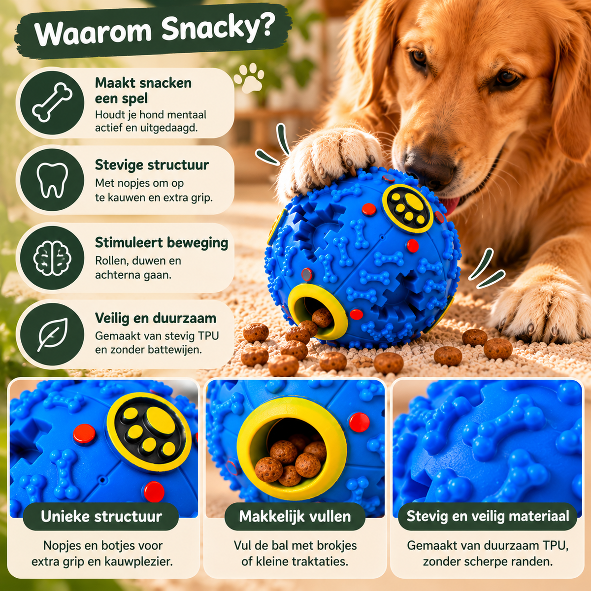 Golden retriever speelt met de blauwe Snacky snackbal die beweging stimuleert en brokjes vrijgeeft tijdens het rollen.