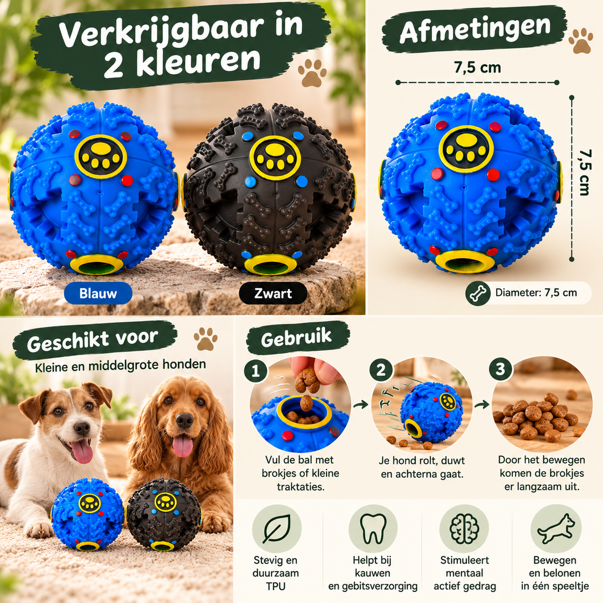 Snacky interactieve snackbal voor honden verkrijgbaar in blauw en zwart, met afmetingen en uitleg over het vullen met brokjes.