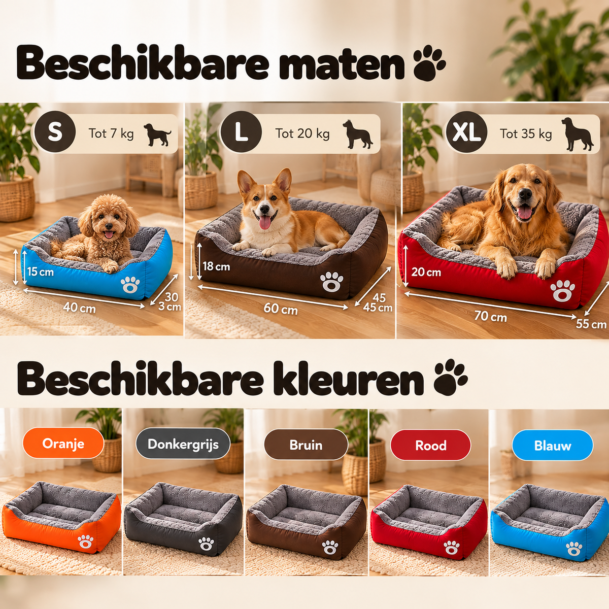 Snuggy hondenmand verkrijgbaar in S, L en XL en vijf kleuren: oranje, donkergrijs, bruin, rood en blauw