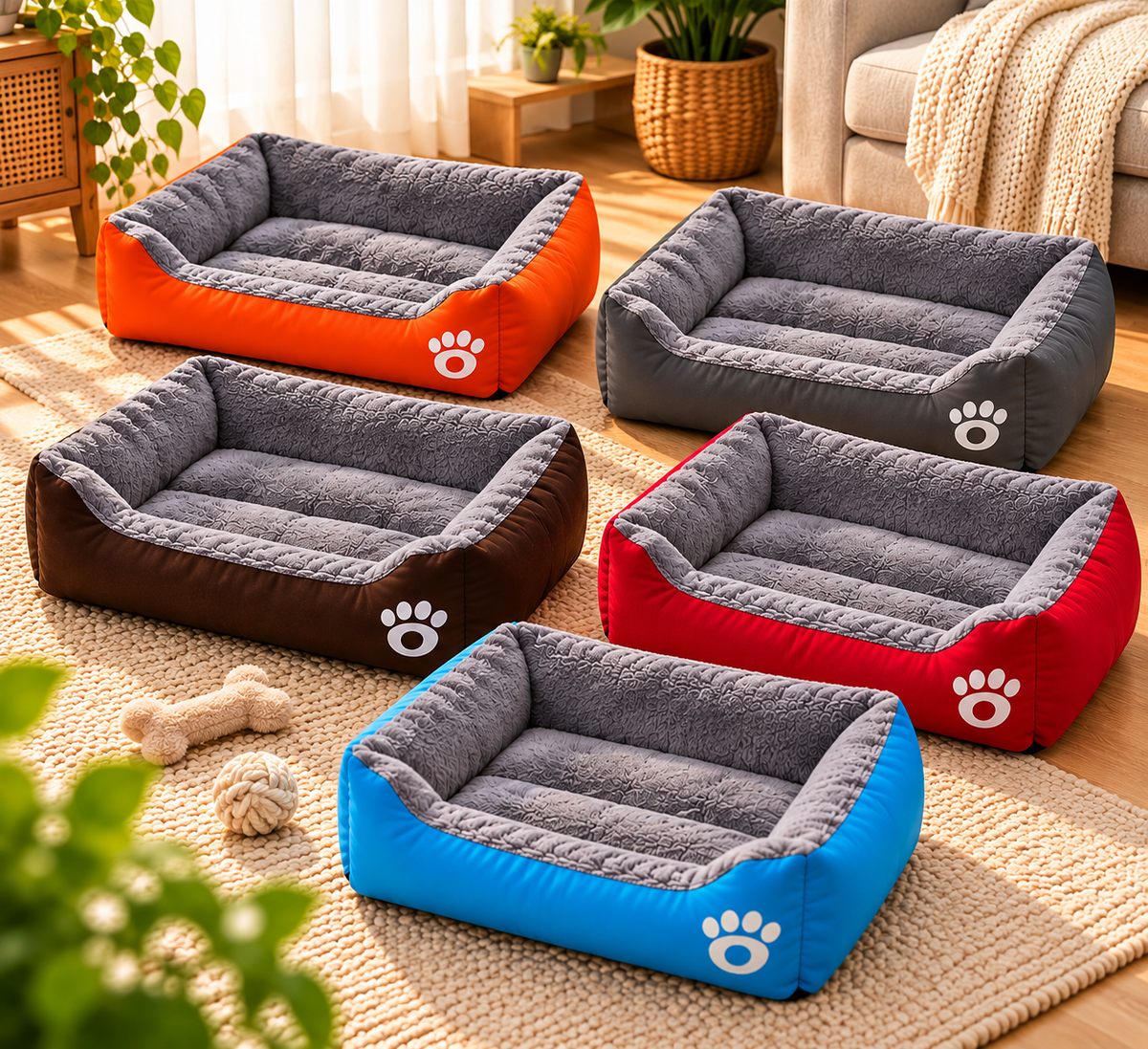 Vijf Snuggy hondenmanden met zachte grijze fleece binnenkant in oranje, donkergrijs, bruin, rood en blauw