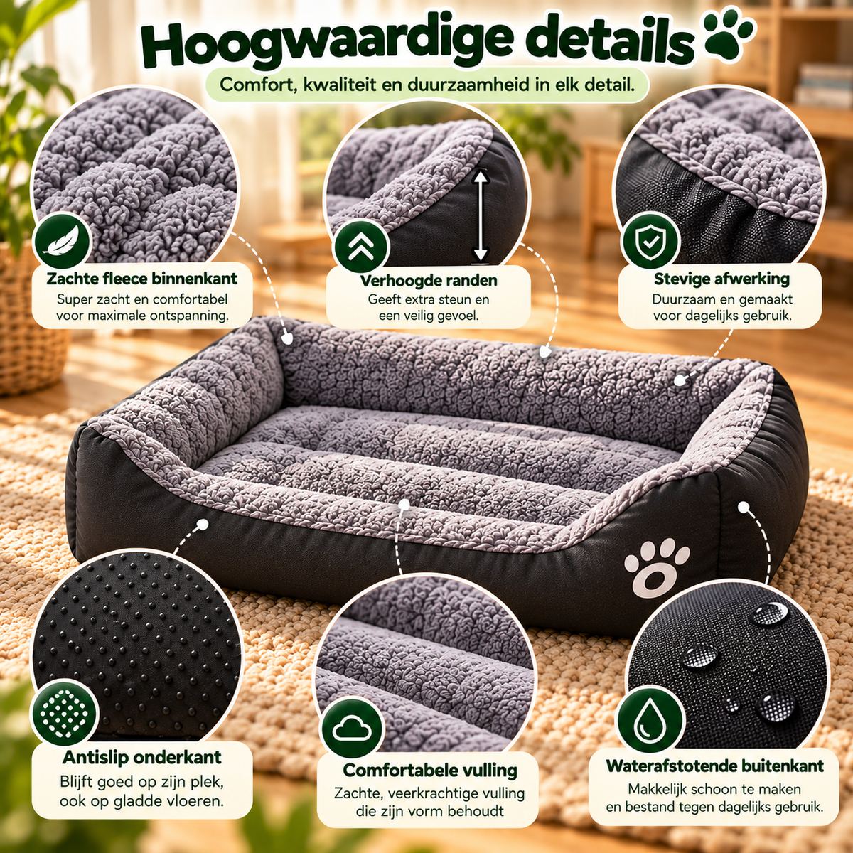 Snuggy hondenmand met zachte fleece binnenkant, verhoogde randen, comfortabele vulling, antislip onderkant en waterafstotende buitenstof