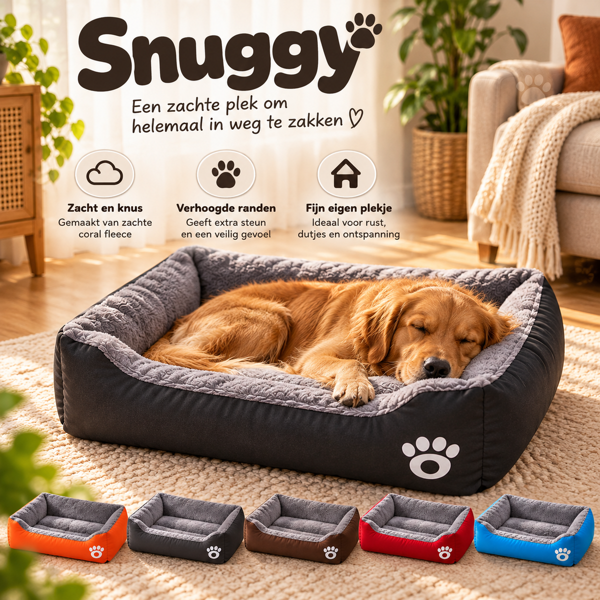Golden retriever slaapt in een donkergrijze Snuggy hondenmand met zachte fleece bekleding en verhoogde randen voor extra comfort
