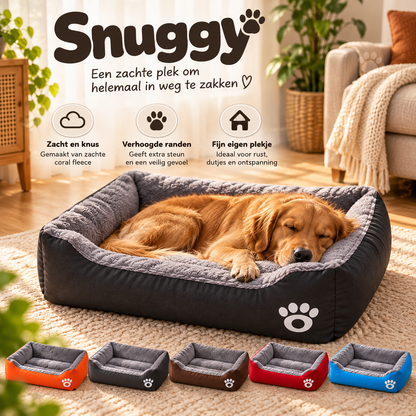 Golden retriever slaapt in een donkergrijze Snuggy hondenmand met zachte fleece bekleding en verhoogde randen voor extra comfort